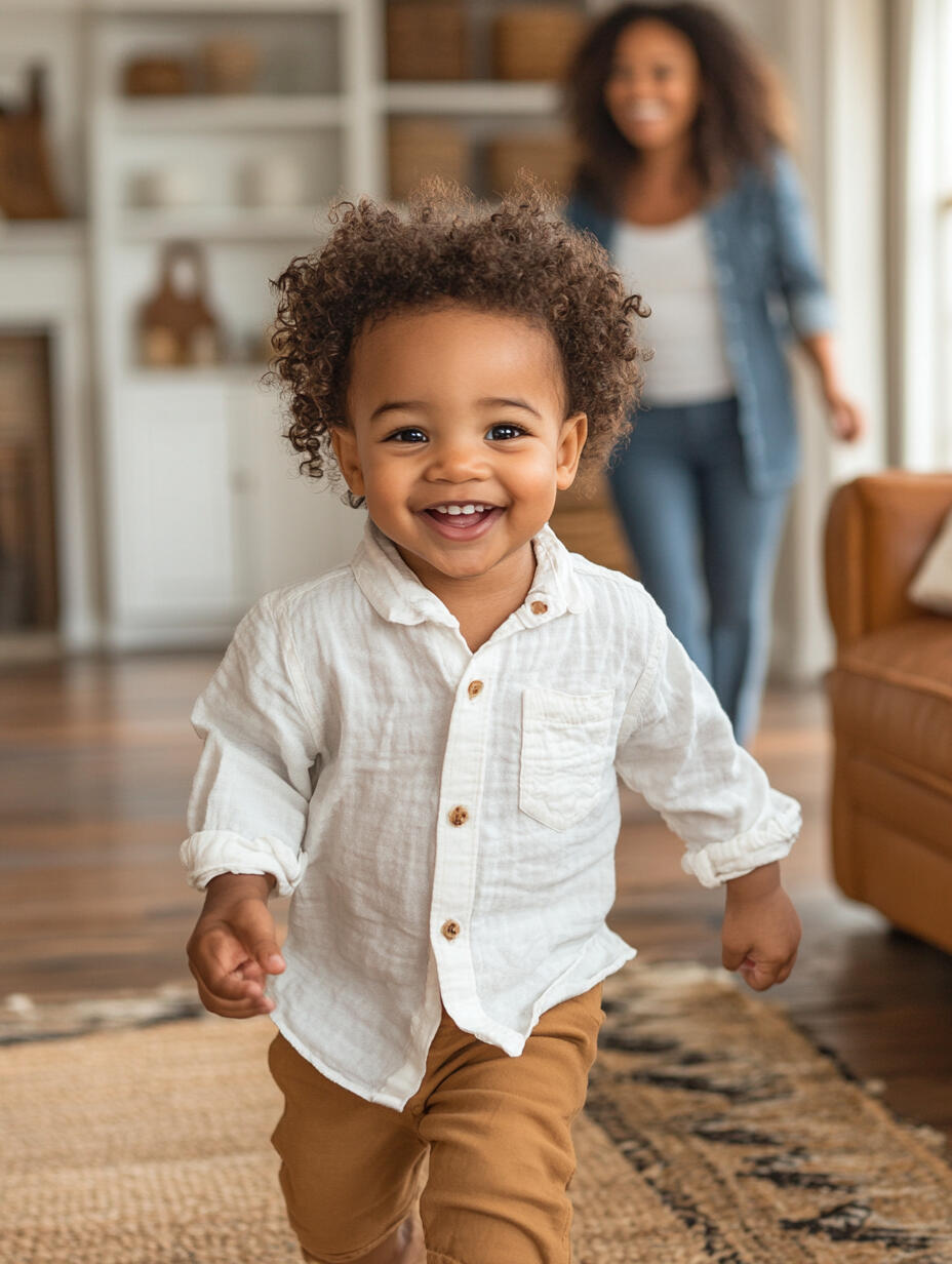 Baby smiling while playing in a safe living room